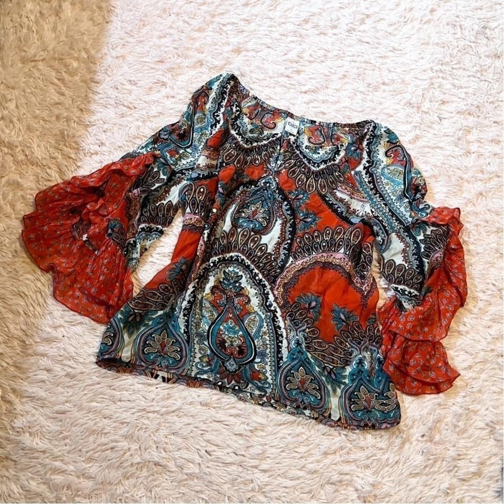 Boho Paisley Ruffle Sleeve Statement Indie Top Womens L Kaleidoscope Hippie
